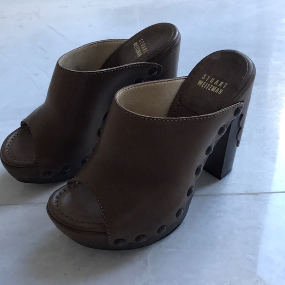 Stuart Weitzman Platform Slides Brown Leather S6 - Picture 1 of 6